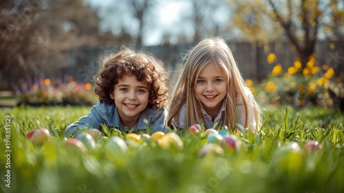 Zwei glückliche Kinder suchen im Garten nach Ostereiern