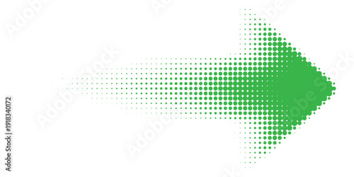 Abstract green halftone arrow shape, dotted geometric wave pattern fading on white background, modern minimal directional design for growth, progress and digital flow concept