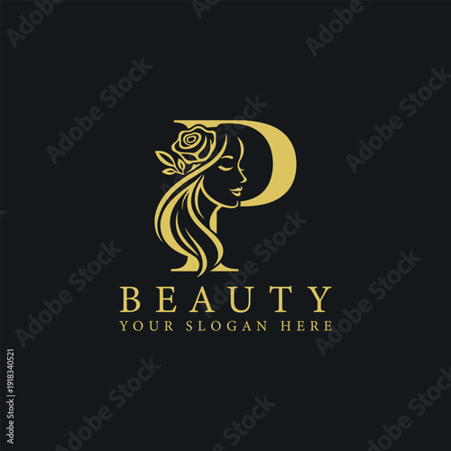 Letter P Beauty Salon Logo Template – Luxury Gold Female Emblem