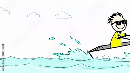 Stick Figure Rowing Boat Adventure Cartoon Illustration, Adventure Rowing Speed Boat Animation