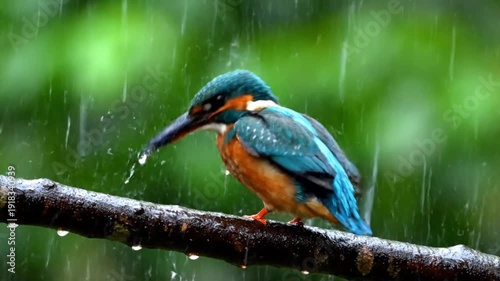 Kingfisher perched on branch in rain.