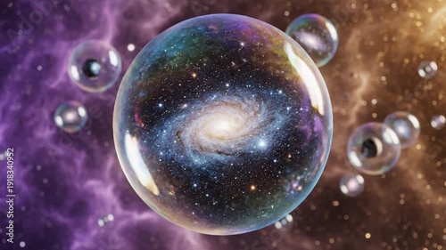 Conceptual visualization of a massive spiral galaxy contained within a vibrant cosmic bubble representing the multiverse theory.