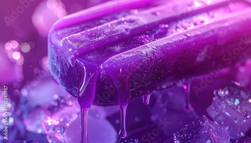 Close-up of a melting purple popsicle with ice and condensation