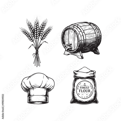 Set of hand-drawn vintage bakery and brewery elements: wheat, wooden barrel, chef hat, and flour bag.