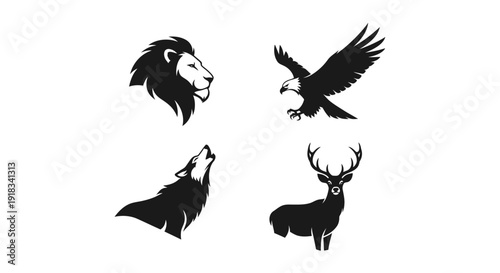 Black silhouette vector illustration of a wild deer and flying eagle with wings spread, featuring animal nature design elements for a wildlife tattoo symbol