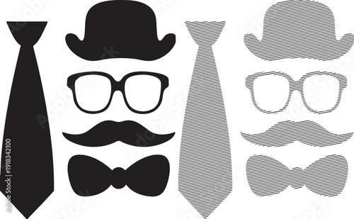 Black and white of men's accessories tie hat glasses mustache bow tie