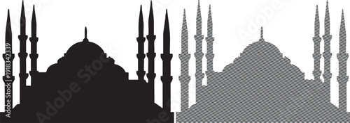 Black silhouette and striped outline of a mosque with multiple minarets and domes on white