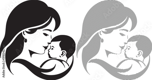 Mother holding baby in loving embrace black and white silhouette Keywords: mother, baby, child