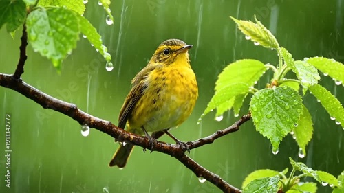 Bird on Branch in Rainy Weather.