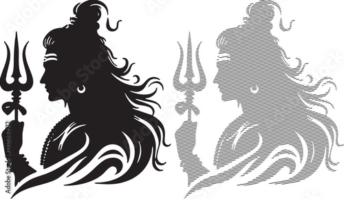 Silhouette and line profile of Lord Shiva holding a trident with flowing hair hindu
