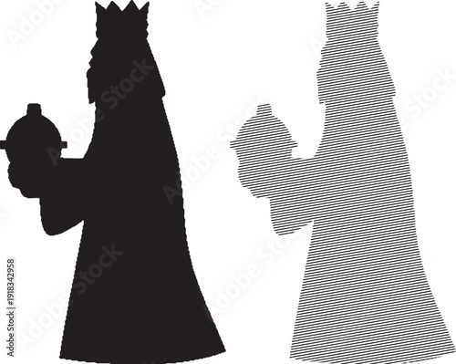 Silhouette and striped line of a king holding a gift in a robe and crown
