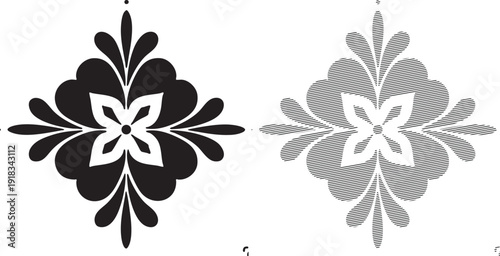 Symmetrical black and white ornamental floral motif with striped hatching detail
