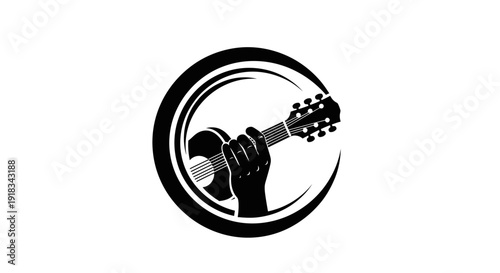 Hand Playing Guitar in a Circular Music Logo on Isolated White Background