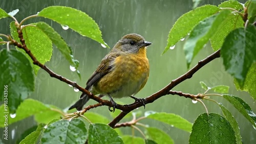 Bird perched on branch in rain.