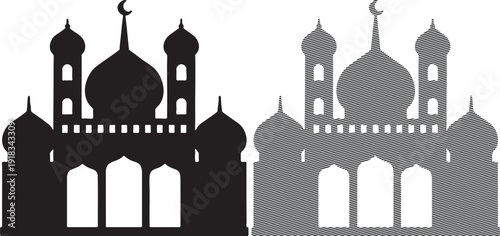 Two mosque silhouettes one solid black and one with diagonal black stripes on white