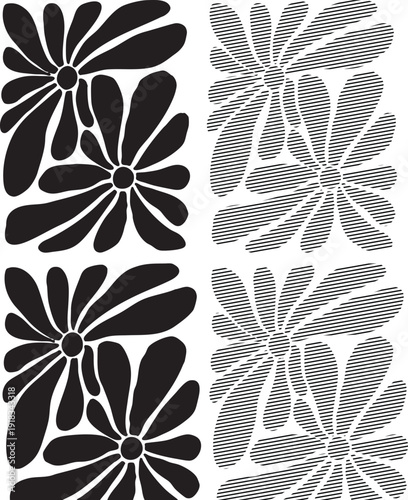 Two pairs of stylized black floral one solid and one with horizontal lines Keywords: flower