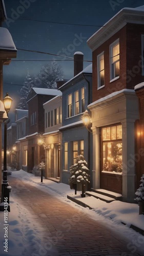 A snowy street with lit windows, trees, and lanterns, at night