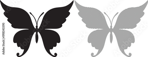 Two stylized black butterflies one solid silhouette and one with fine horizontal line shading