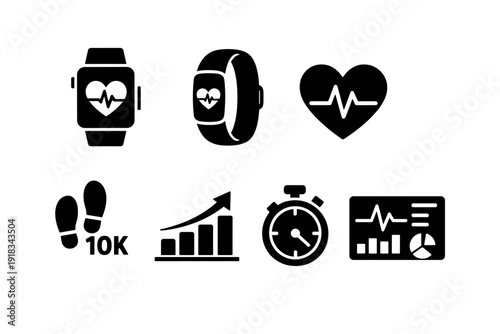Collection of Health and Fitness Icons Including Smartwatch Heart Rate Steps and Graphs