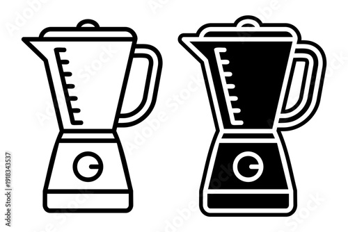 Blender icon vector set featuring outline and solid styles for kitchen appliance design, household food processor graphic with measurement marks isolated on white background for culinary app UI.