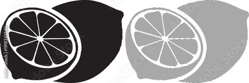 Whole and sliced lemon shown in solid silhouette and line