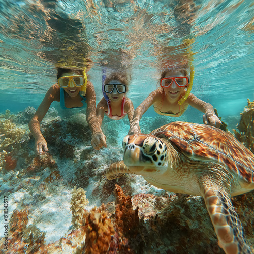 Wallpaper Mural family snorkelers swim with a sea turtle at a coral reef. Bright turquoise water and colorful coral surround the scene. Torontodigital.ca