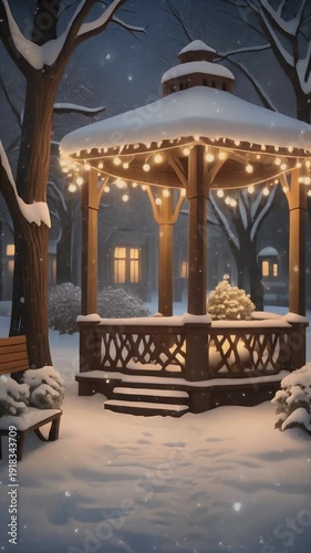 A snow-covered gazebo lit with fairy lights in a serene, snowy winter landscape
