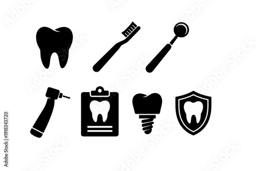 White Tooth Icon On Black Background With Shield and Crescent Symbol Isolated Graphic