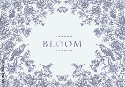 Elegant Blue Toile Botanical Bloom Floral Frame Background Design