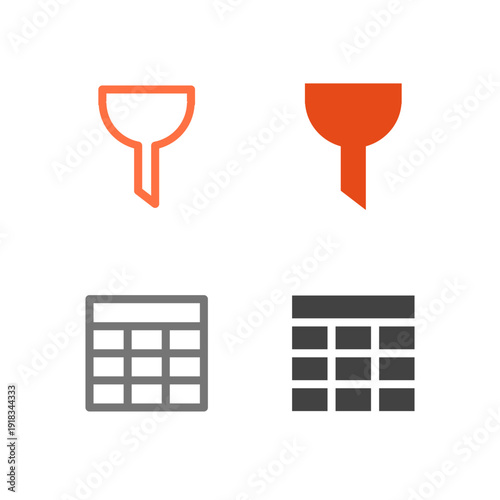 Flat Colored Filter and Table Icon Set for Data Management Interface