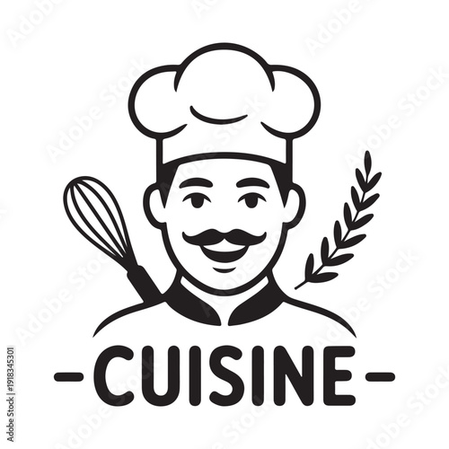Friendly chef with mustache and hat, holding a whisk and next to a sprig of herbs, with the word "CUISINE" below, simple black and white vector