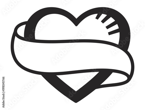 Black Heart Shape with Ribbon Banner and Geometric Detail on White Background love scroll