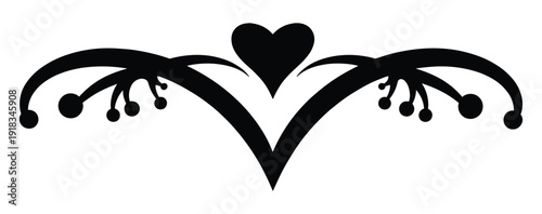 Black symmetrical decorative element with a heart at the top and hanging orbs on a white background Keywords: decorative, ornament, flourish