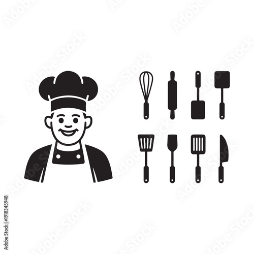 Stylized illustration of a happy chef and a collection of essential kitchen tools including whisks, spatulas, and a knife.
