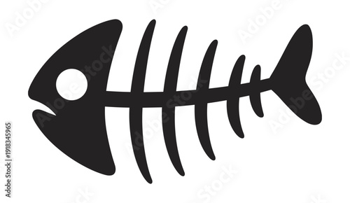 Black Silhouette of a Fish Skeleton on White Background bones