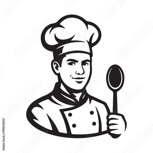 Happy chef holding a large spoon, wearing toque and uniform, classic black and white vector illustration for culinary branding