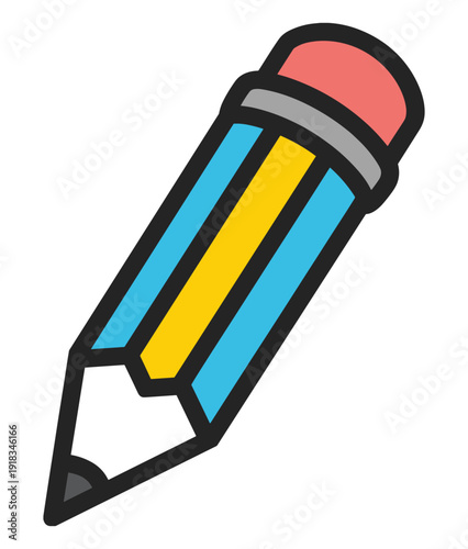 Colorful illustration of a pencil with a pink eraser on a white background writing drawing