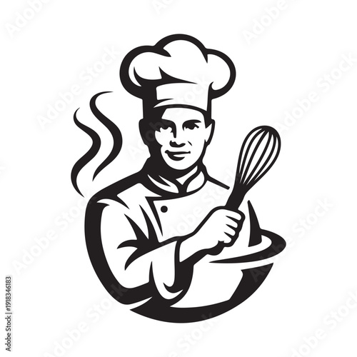 Chef with whisk and steaming bowl, dynamic pose in black and white, modern culinary logo for professional kitchens