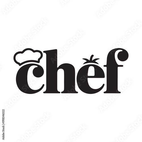 Artistic black and white 'chef' lettering, featuring a chef hat and a tomato design, ideal for culinary blogs and creative food projects.