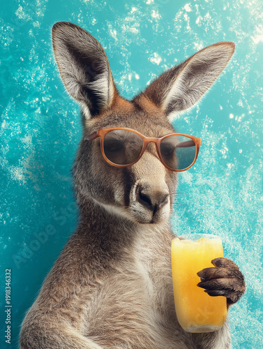 Wallpaper Mural Kangaroo wearing orange sunglasses holds a glass of orange juice against a blue background. The image radiates a playful vacation mood. Torontodigital.ca