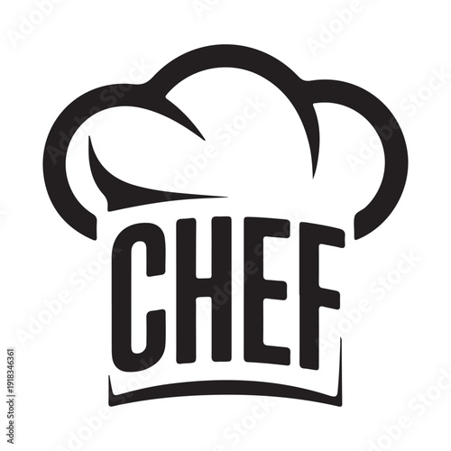 Stylish black and white logo design integrating 'CHEF' text within a chef hat silhouette, suitable for a modern culinary business.