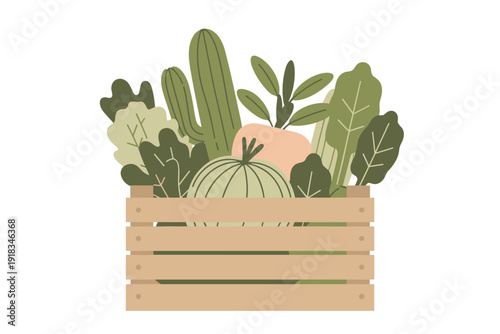 Flat Illustration of a Wooden Crate Filled with Assorted Fresh Vegetables and Fruits vector