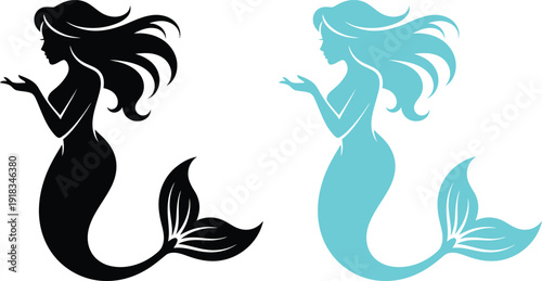 Mermaid silhouette female mythical sea creature black and blue water nymph illustration