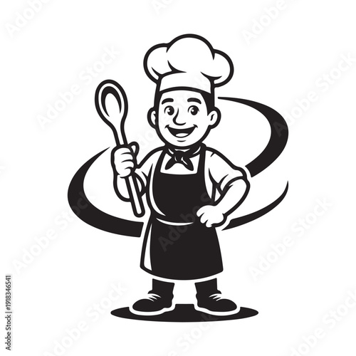 Cartoon chef character holding a large spoon, smiling with apron and chef hat, ready to cook