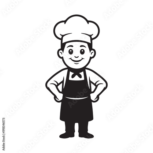 Friendly cartoon chef in uniform, apron, and hat, standing with hands on hips, culinary mascot