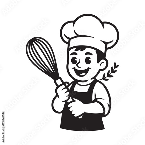 Joyful cartoon boy chef with a whisk and a sprig of rosemary, perfect for food blogs, recipe apps, and children's cooking themes.