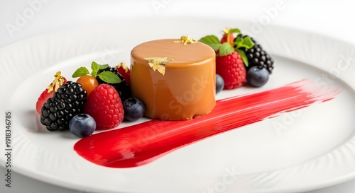 A dessert plate with caramel mousse and mixed berries