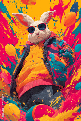 Cool Easter bunny wearing sunglasses holding decorated egg. Easter poster. Anthropomorphic bunny wearing colorful jacket, surrounded by paint splatters and festive eggs