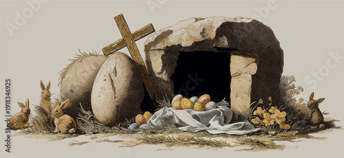 Empty tomb with cross and easter bunnies celebrating resurrection. Easter greeting card. Empty cave, stone rolled away, with cross, bunnies and colorful Easter eggs