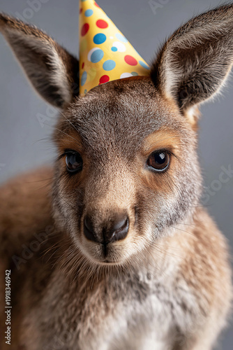 Wallpaper Mural Kangaroo joey at a birthday party wears a bright colorful party hat in a studio. Party hat signals celebration. Torontodigital.ca